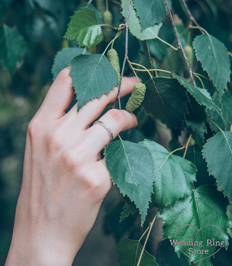 Simple Tree bark textured Sterling Silver Thin Wedding Band