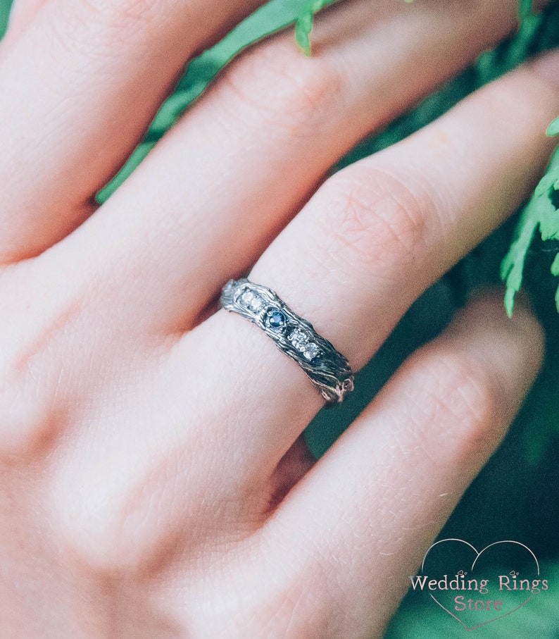 Unusual Tree bark Sapphire Wedding Ring adorned with side CZ Accents