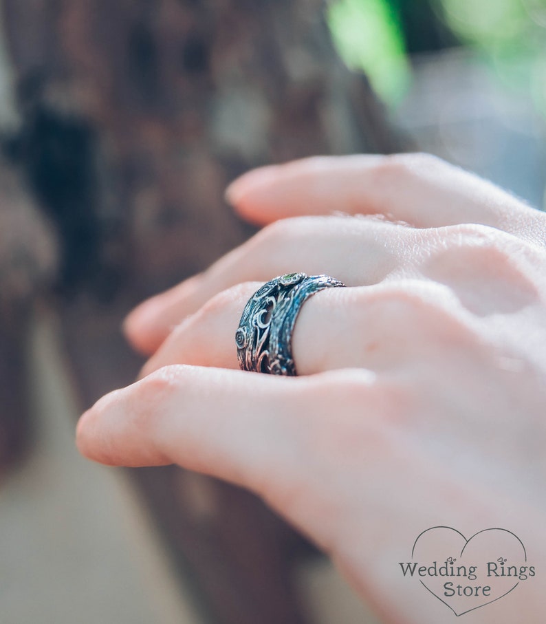 Vintage Silver Tree & Knot Emerald Wedding Band