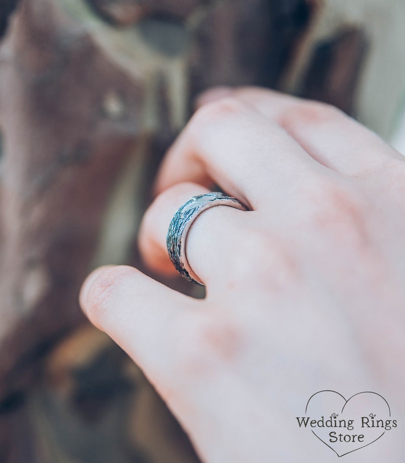 Silver Forest Tree bark & Heart Wedding Band