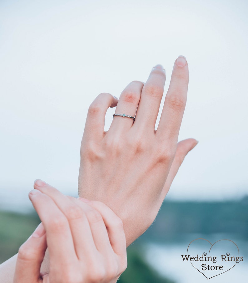 Extra Tiny Silver Branch Wedding Band with Emerald