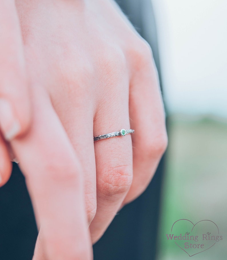 Extra Tiny Silver Branch Wedding Band with Emerald