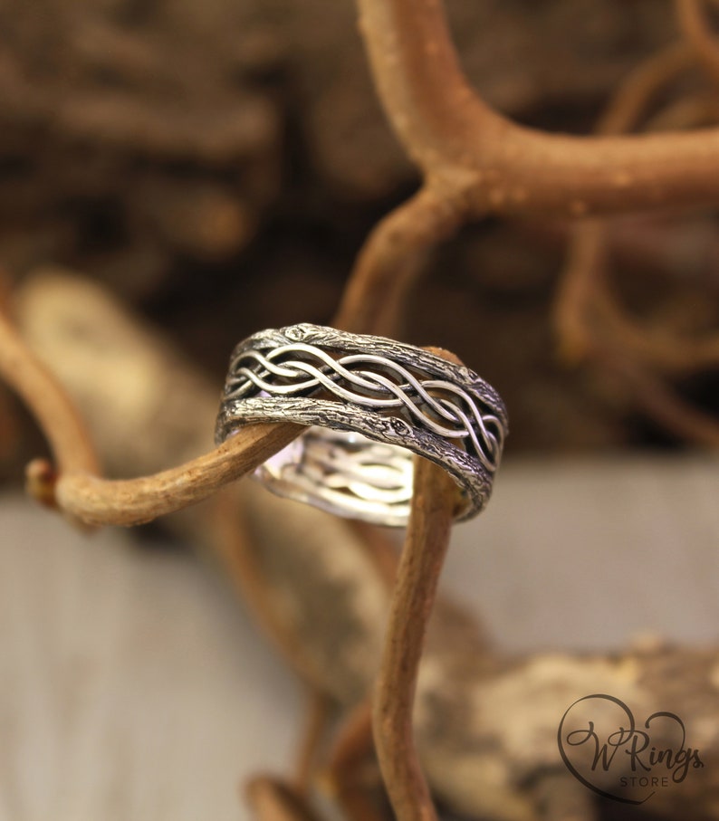 Silver Tree bark and Wavy lines Braided Wedding Band