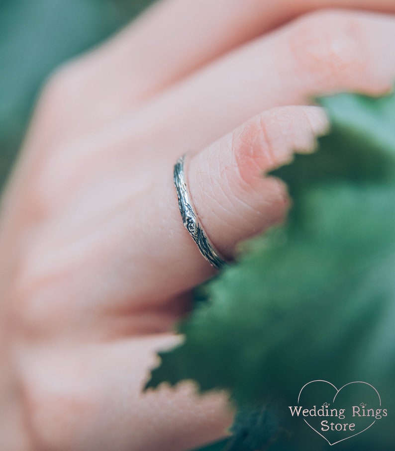 Simple Tree bark textured Sterling Silver Thin Wedding Band