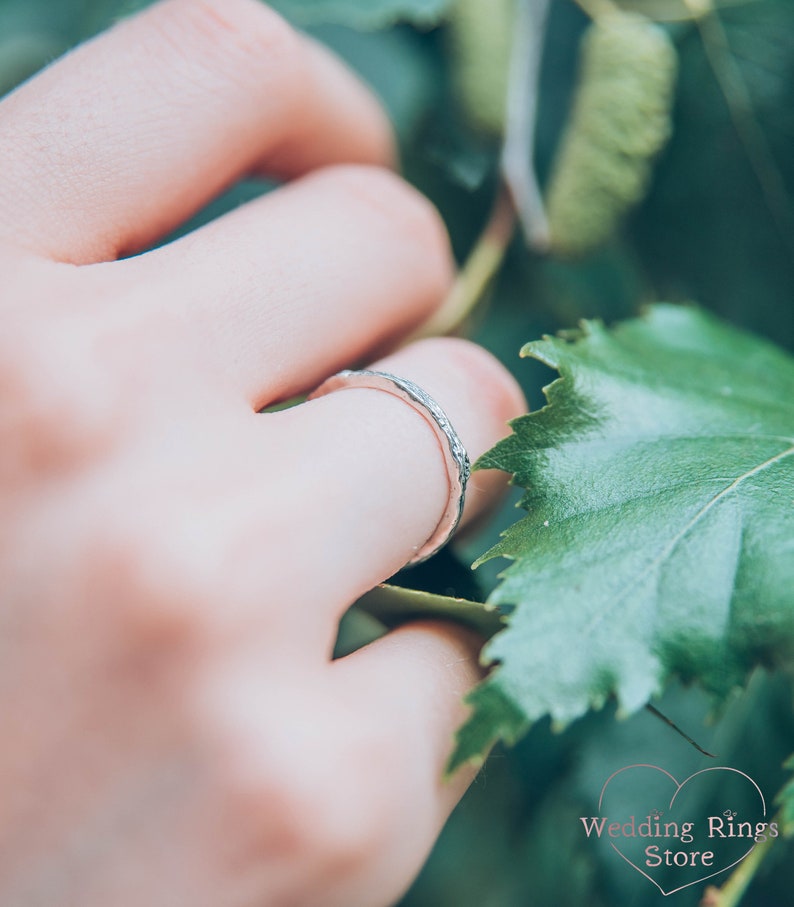 Simple Tree bark textured Sterling Silver Thin Wedding Band