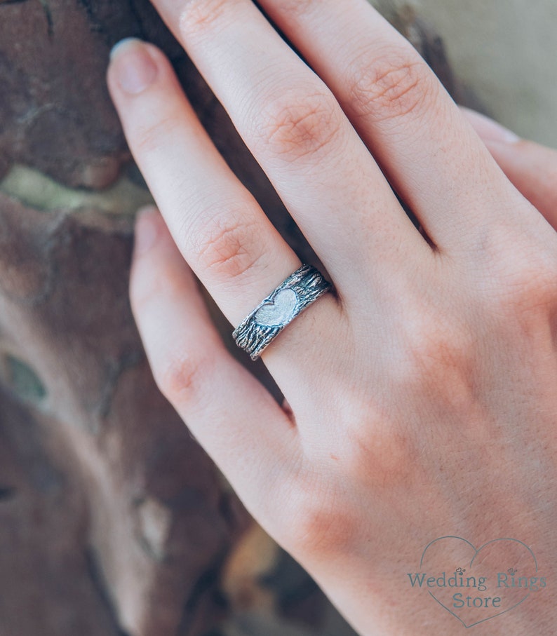 Silver Forest Tree bark & Heart Wedding Band