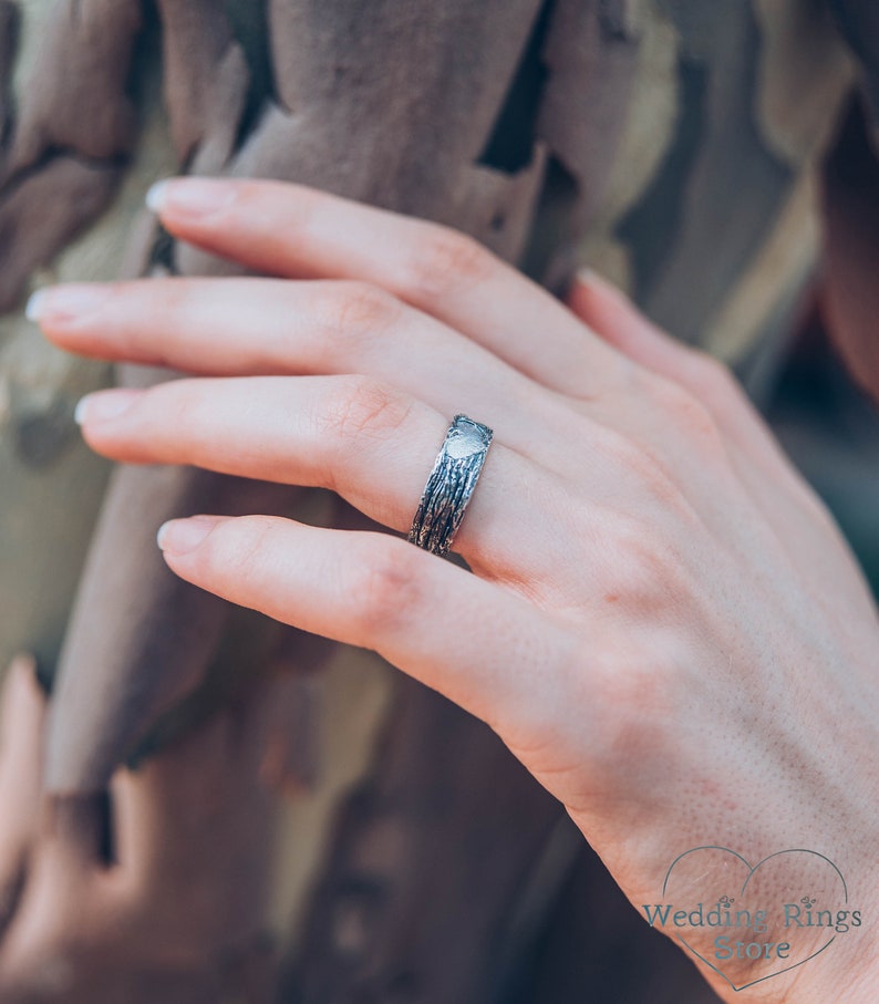 Silver Forest Tree bark & Heart Wedding Band