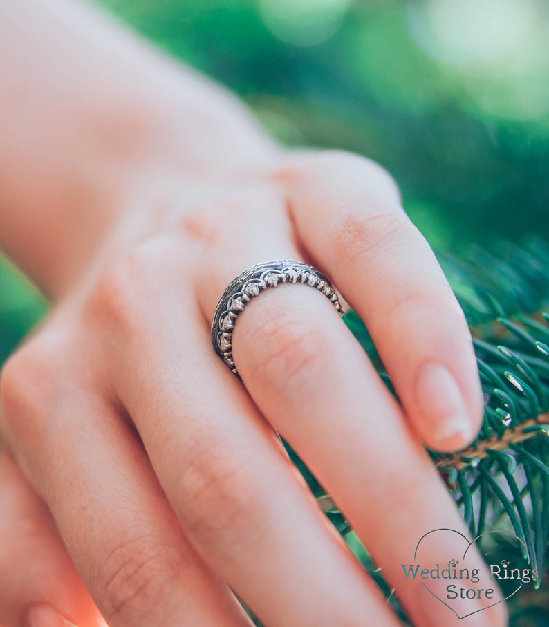 Princess Crown Wedding Ring with Gems & Twig Silver Band