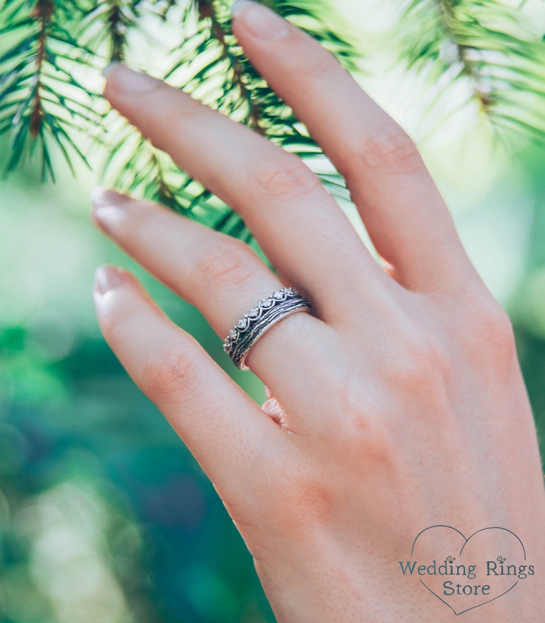 Princess Crown Wedding Ring with Gems & Twig Silver Band