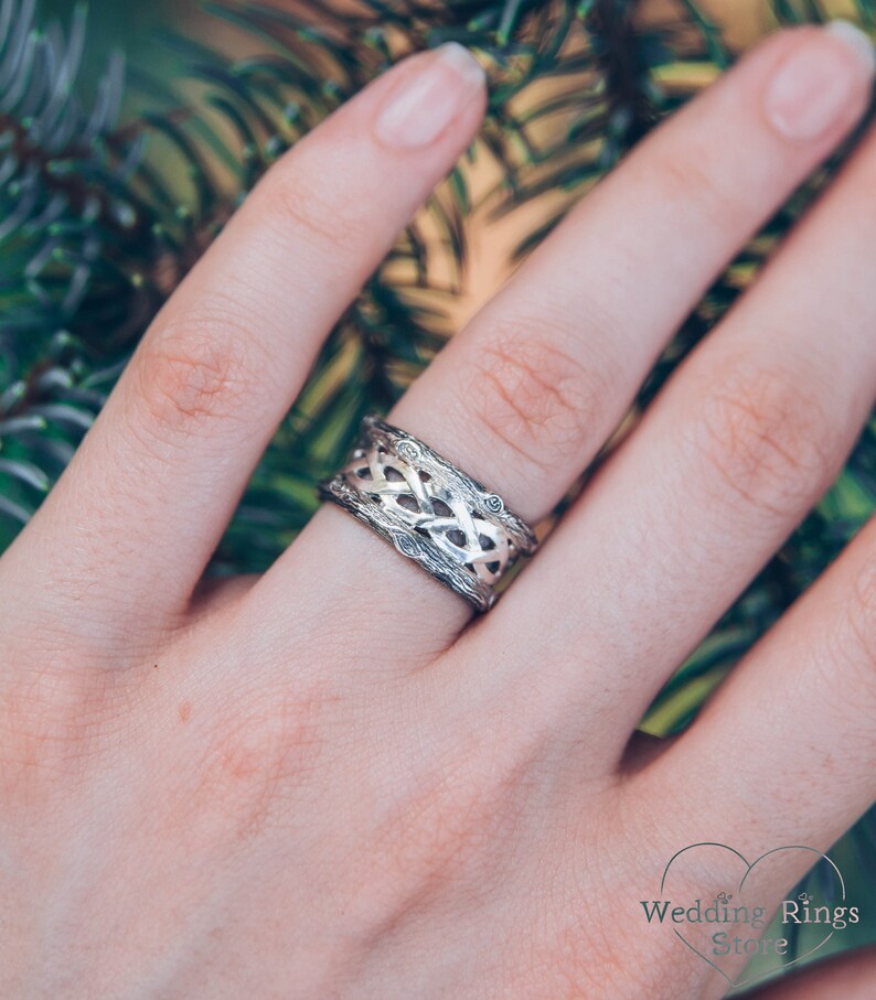 Braided pattern & Forest Wood bark Silver Wedding Ring