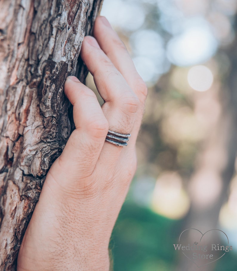 Tree Unique Silver Wedding Band — Men's Branch Wedding Ring