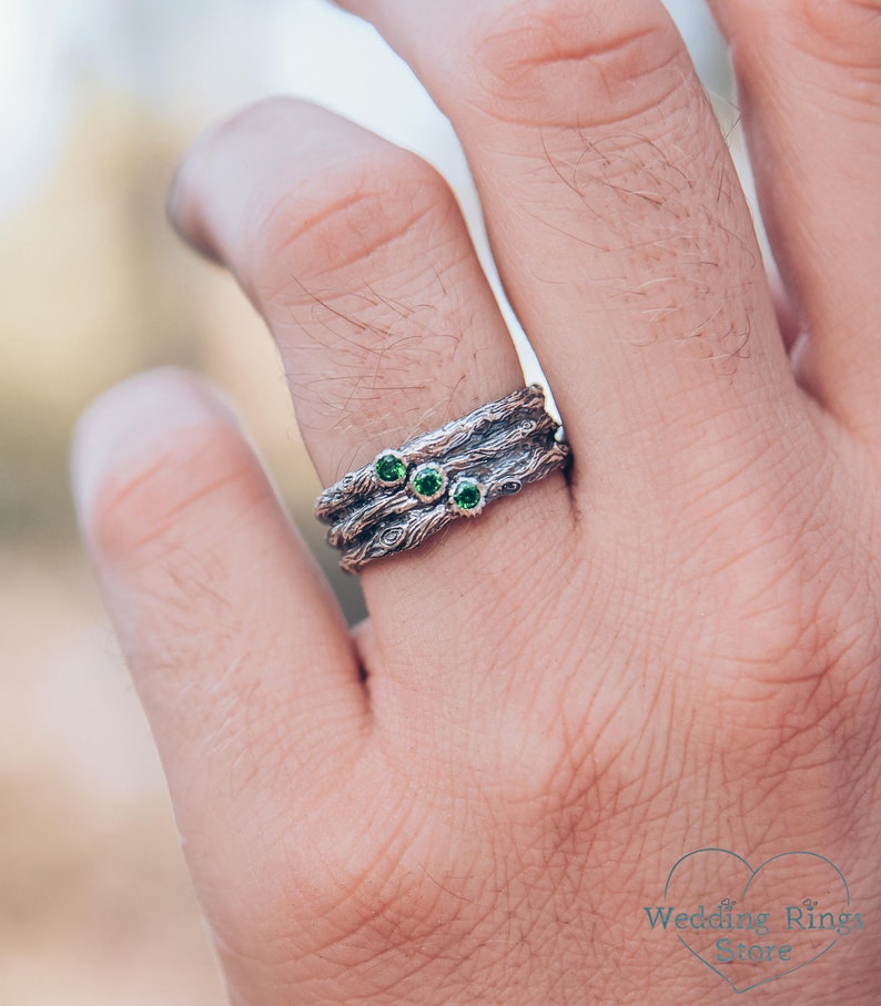 Wide Silver Woodbark Knots and Three Emeralds Wedding Ring