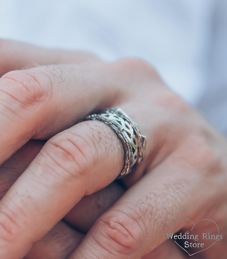 Mens Silver braided Tree Wedding Band Ring