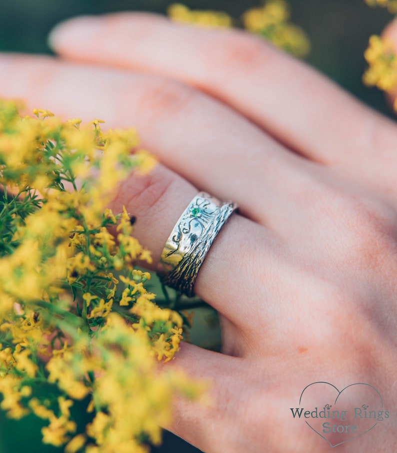 Family Tree Silver Wedding Ring band with Emerald