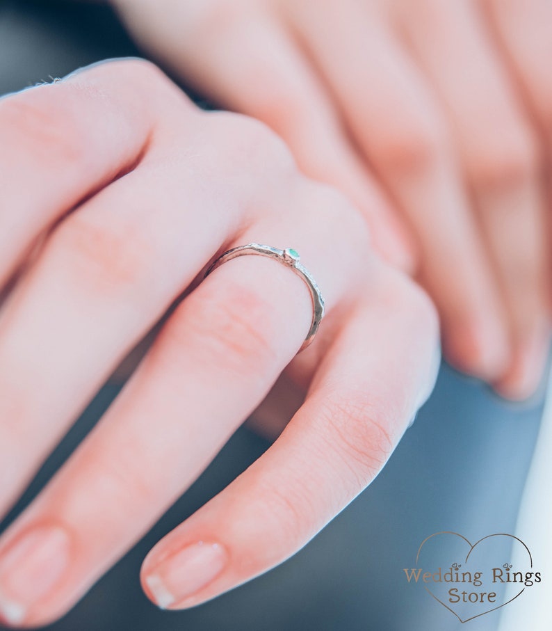 Extra Tiny Silver Branch Wedding Band with Emerald