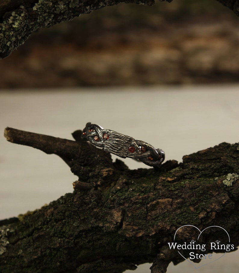 Twist Fine Silver Tree Wedding Band with Garnet