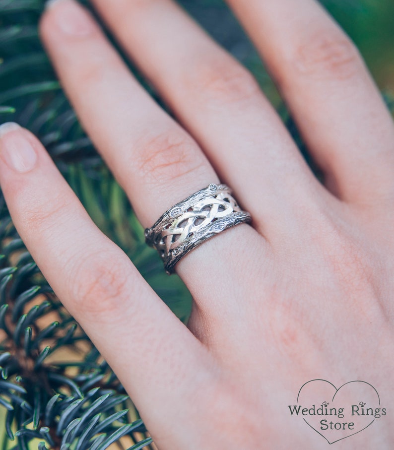 Braided pattern & Forest Wood bark Silver Wedding Ring