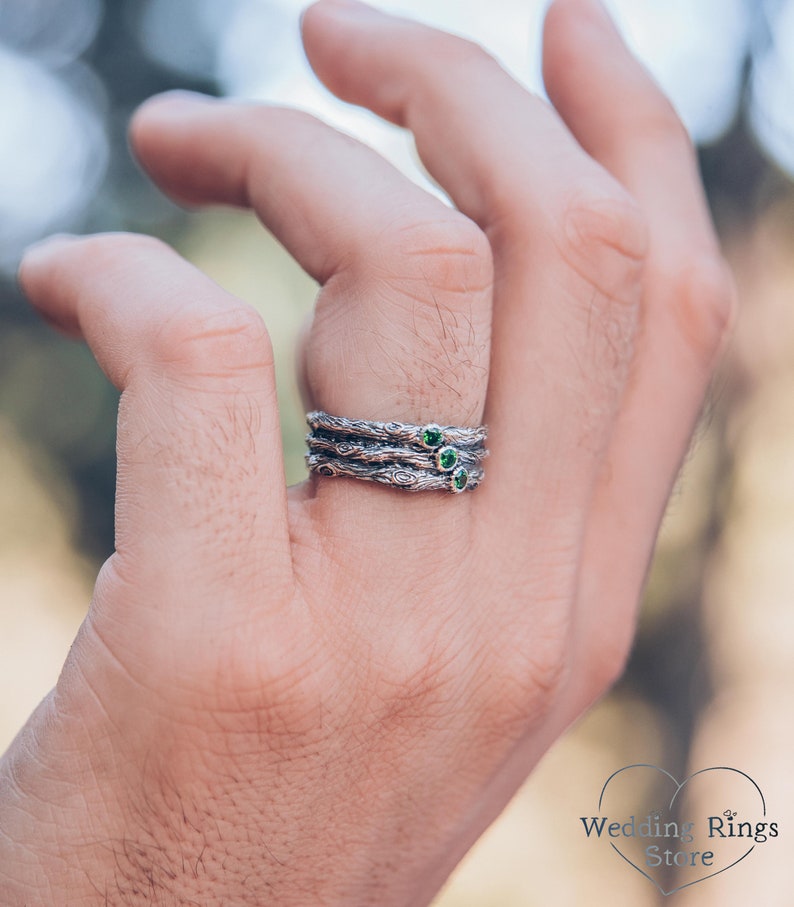 Wide Silver Woodbark Knots and Three Emeralds Wedding Ring