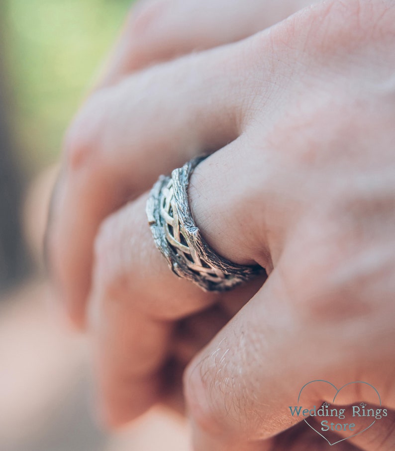 Mens Silver braided Tree Wedding Band Ring