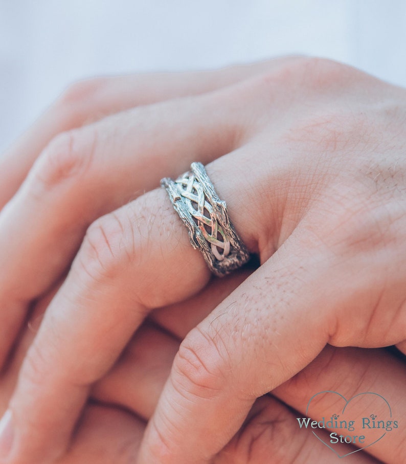 Mens Silver braided Tree Wedding Band Ring