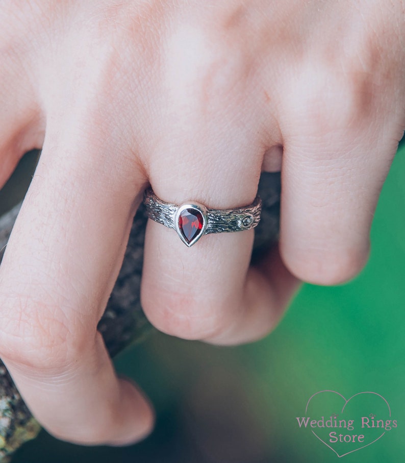 Pear cut Garnet Ring with Sterling Silver Tree bark