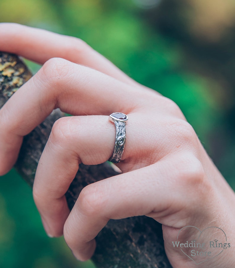 Pear cut Garnet Ring with Sterling Silver Tree bark