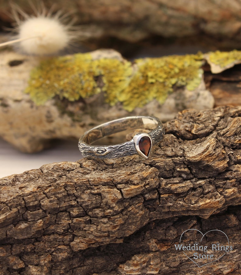 Pear cut Garnet Ring with Sterling Silver Tree bark