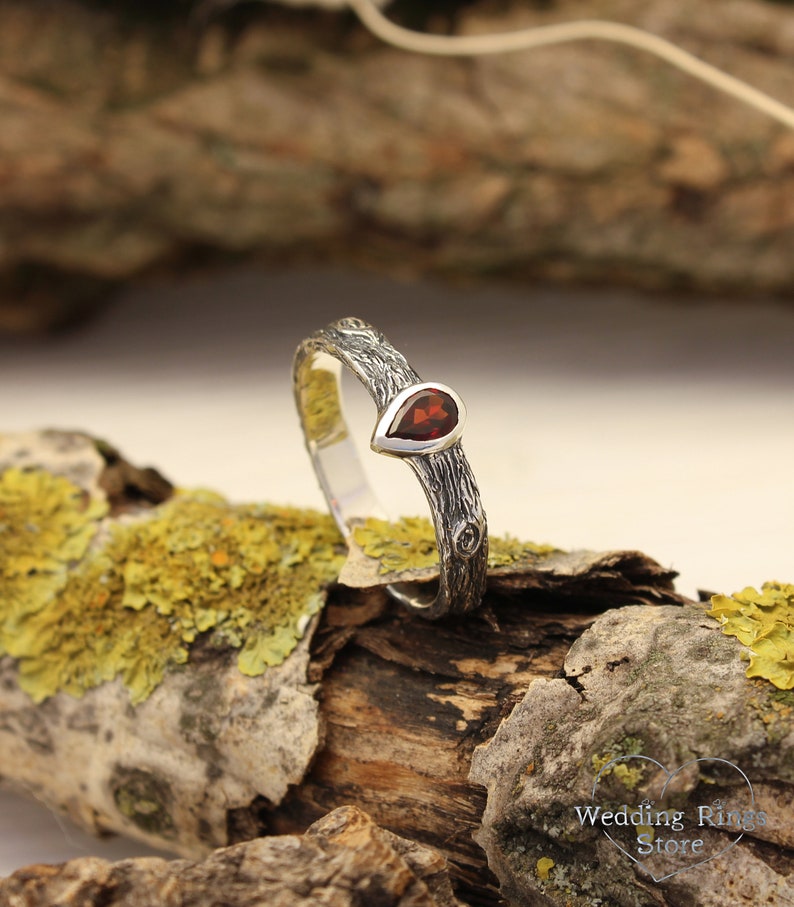 Pear cut Garnet Ring with Sterling Silver Tree bark