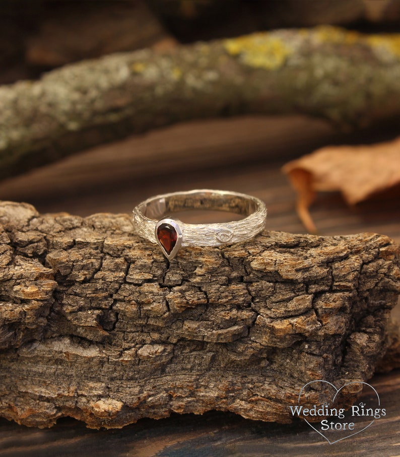 Pear cut Garnet Ring with Sterling Silver Tree bark