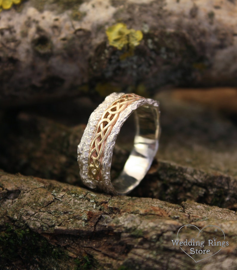 Silver Celtic and Tree Wedding Band with in 14k Solid Yellow Gold