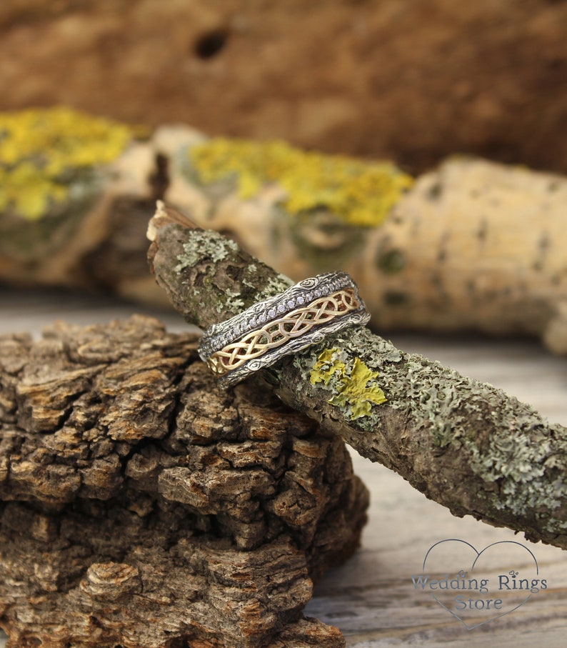 Silver Celtic and Tree Wedding Band with in 14k Solid Yellow Gold