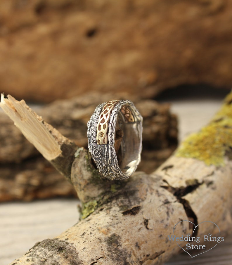 Silver Celtic and Tree Wedding Band with in 14k Solid Yellow Gold