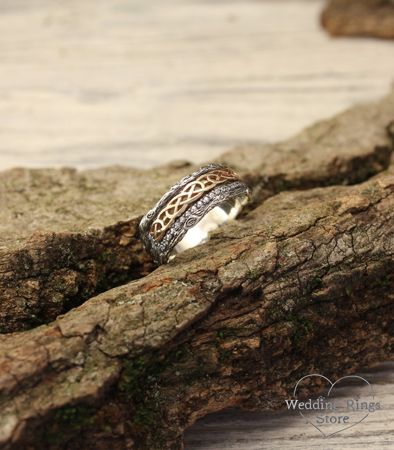 Silver Celtic and Tree Wedding Band with in 14k Solid Yellow Gold