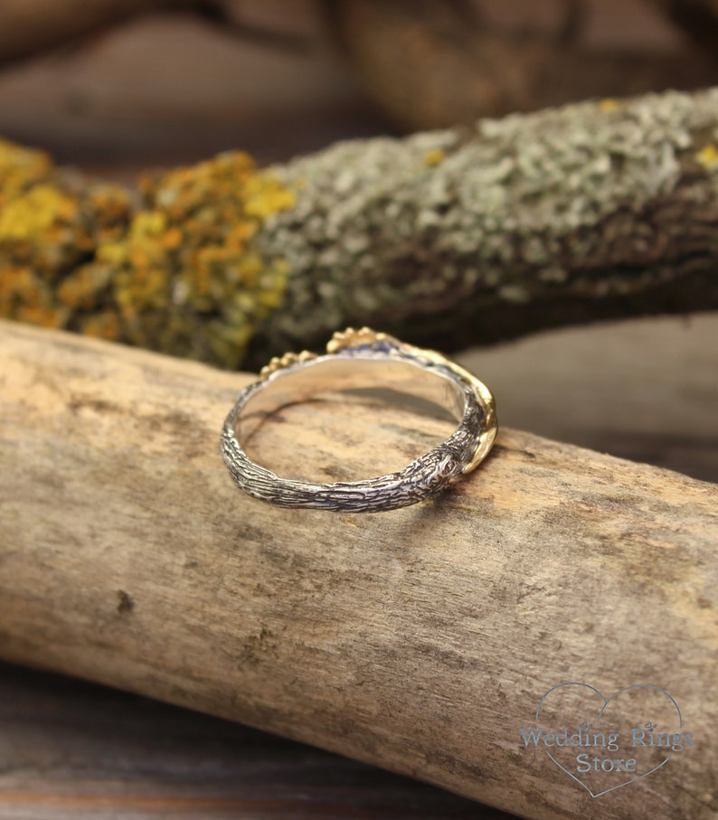 Women's Gold Oak Leaves and Wood style Silver Ring