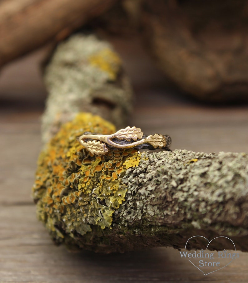 Women's Gold Oak Leaves and Wood style Silver Ring