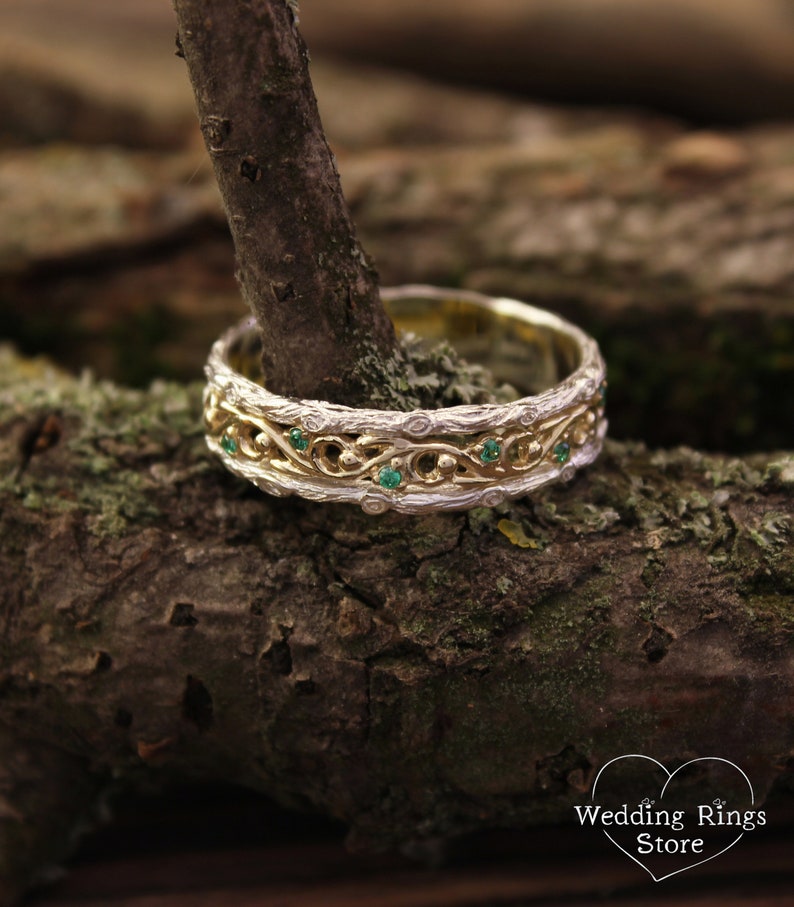 Emeralds with Silver Branch & Gold Vine Ring in Vintage style