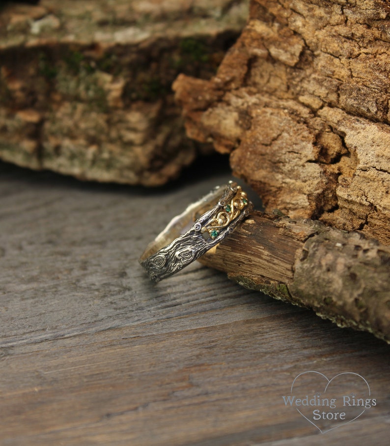 Emeralds with Silver Branch & Gold Vine Ring in Vintage style