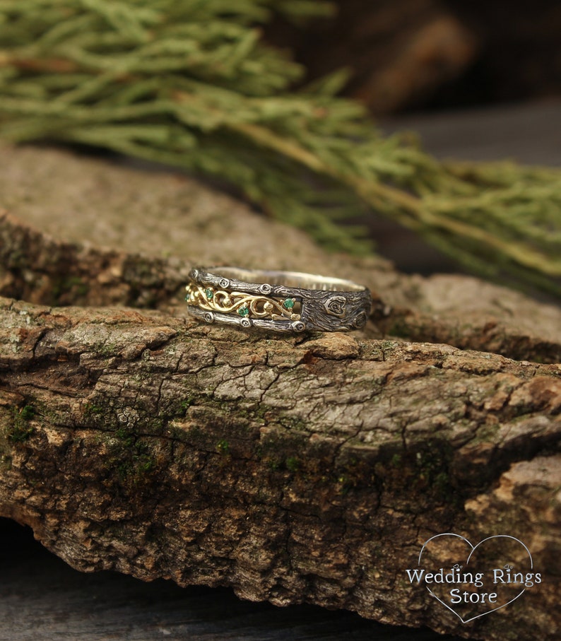 Emeralds with Silver Branch & Gold Vine Ring in Vintage style