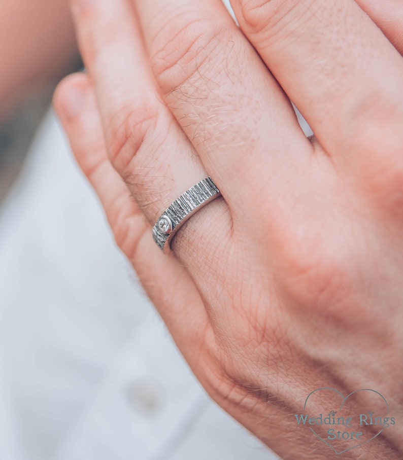 Diamond and Tree bark textured Silver Nature Wedding Ring