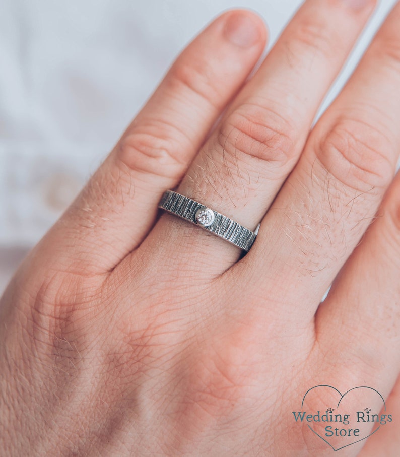 Diamond and Tree bark textured Silver Nature Wedding Ring