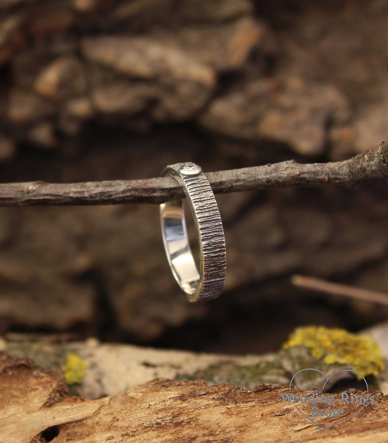 Diamond and Tree bark textured Silver Nature Wedding Ring