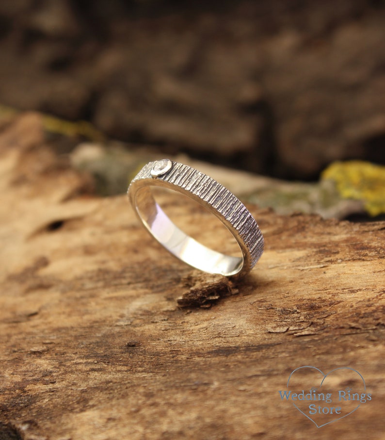 Diamond and Tree bark textured Silver Nature Wedding Ring