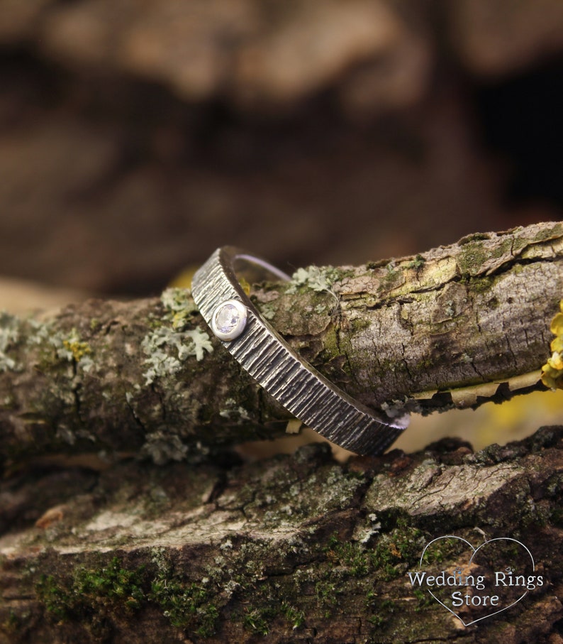 Diamond and Tree bark textured Silver Nature Wedding Ring