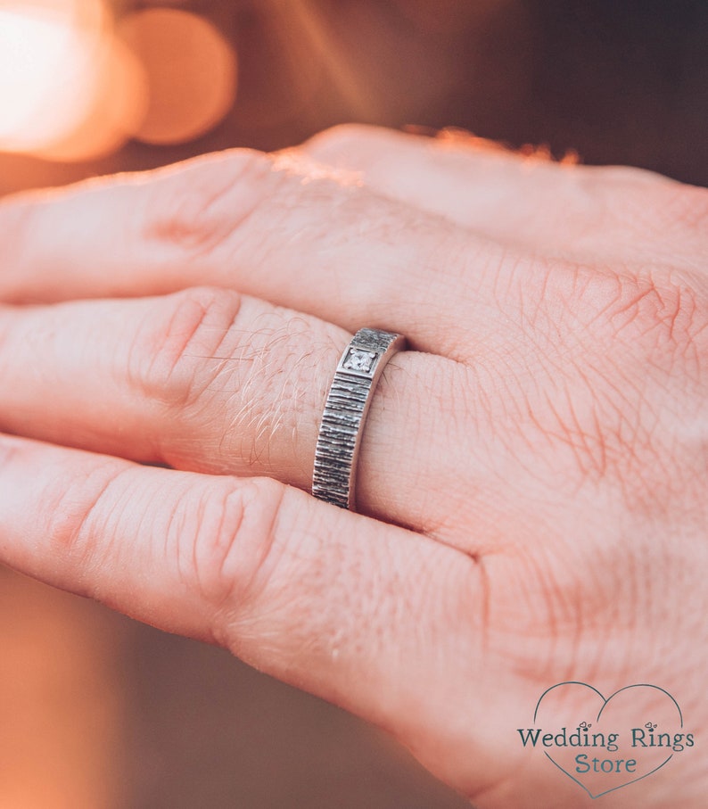 Simple Diamond Men's Wedding Ring band with Tree bark texture