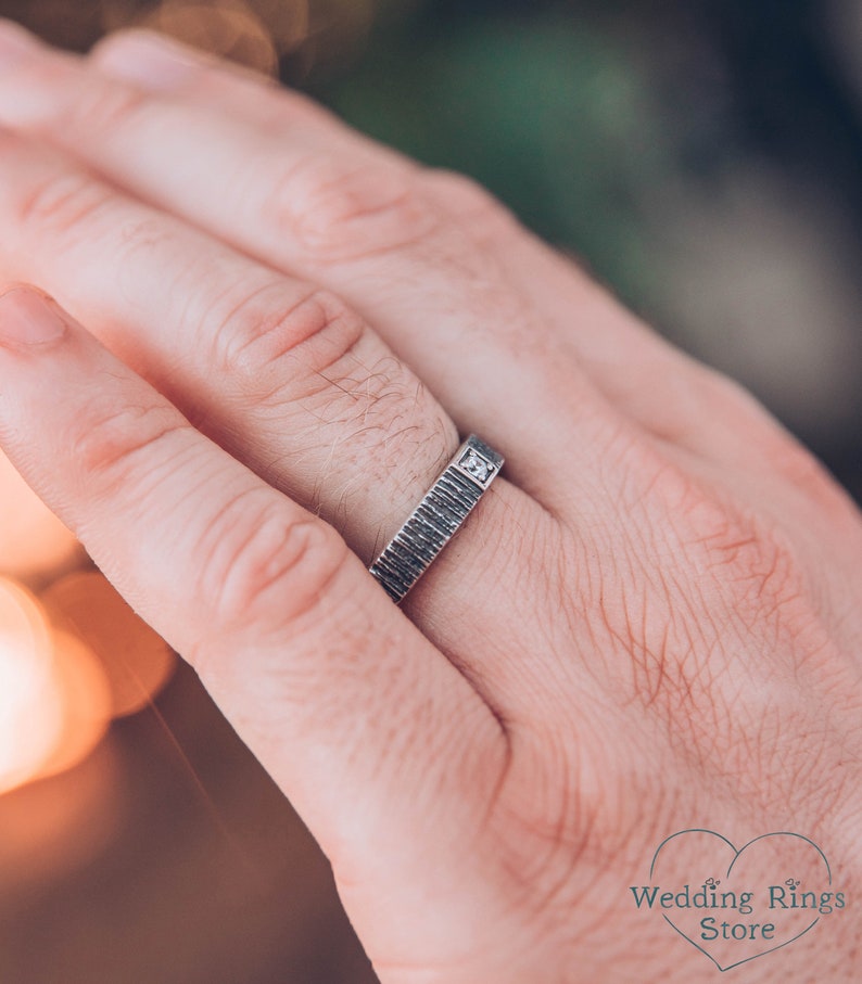 Simple Diamond Men's Wedding Ring band with Tree bark texture