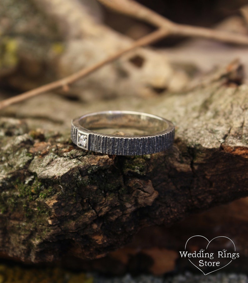 Simple Diamond Men's Wedding Ring band with Tree bark texture