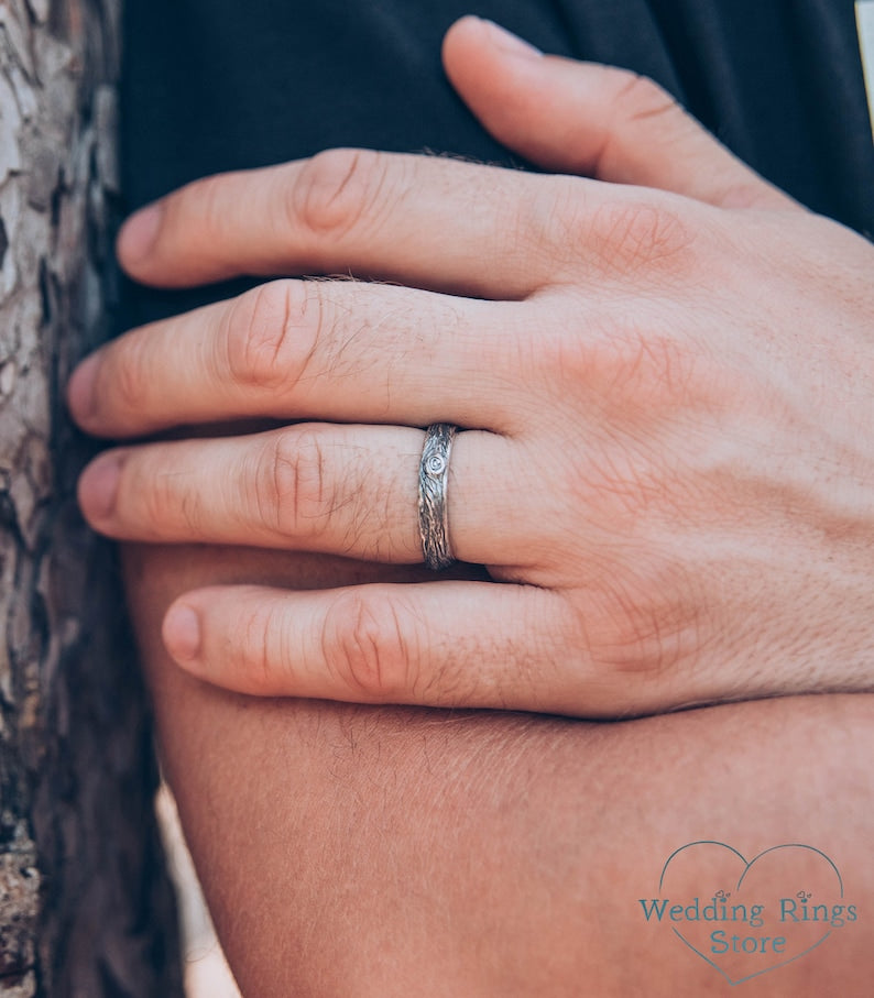 Forest Tree Bark Mens Sterling Silver Wedding Band