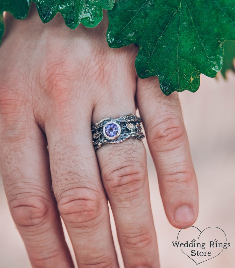 Oak Leaves in Wide Silver Ring with Amethyst