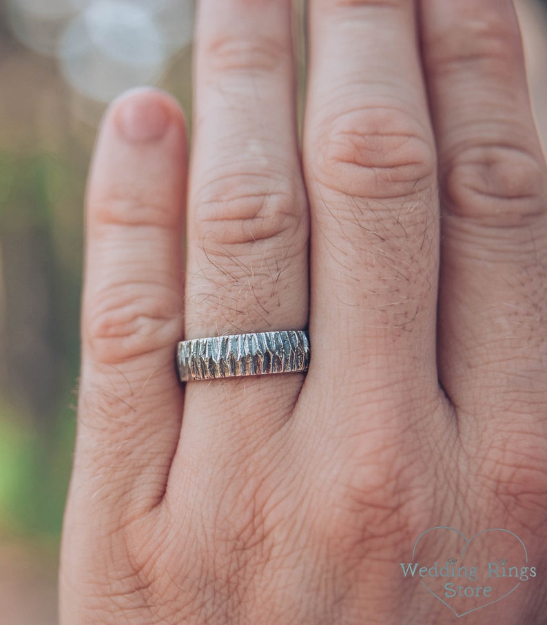 Brutalist Black Woodbark Silver Rustic Men's Wedding Band