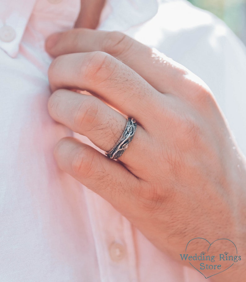 Tree & Leaves – Woodbark Silver Wedding Ring for Him and Her